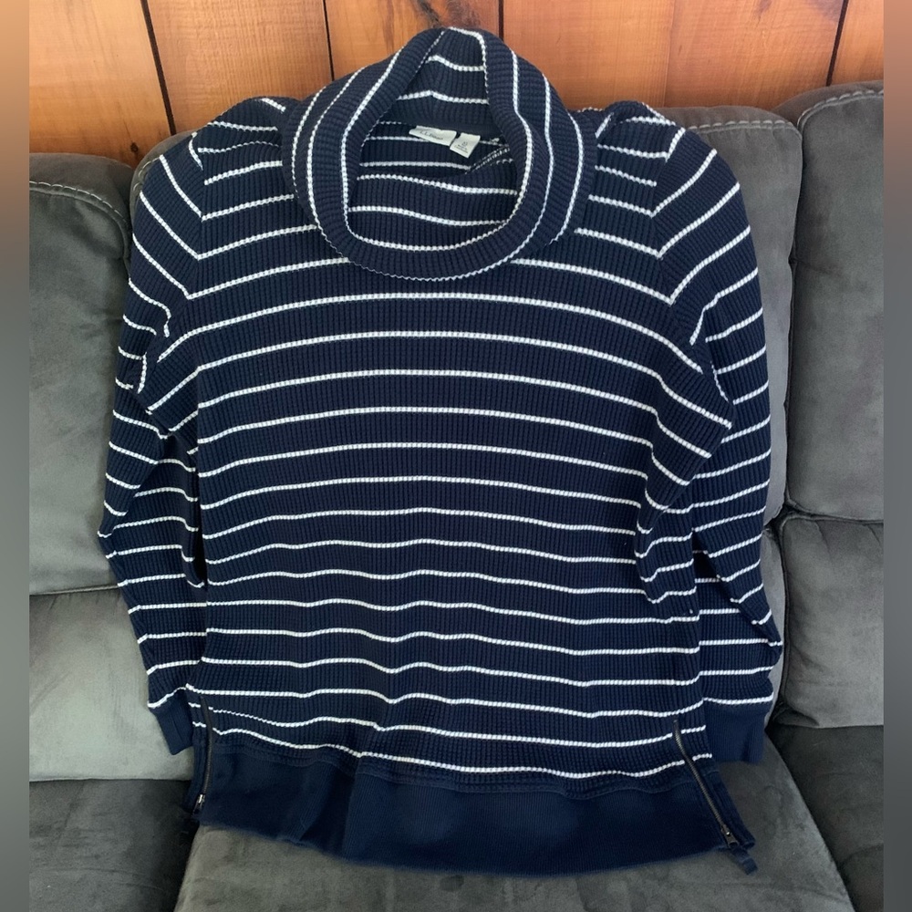 LLBean comfy warm navy striped cowl neck XL- small zips on sides